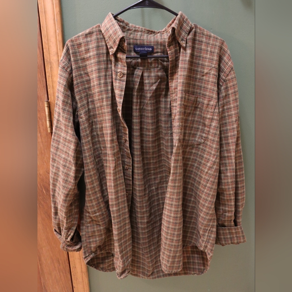 Lands End Green Plaid Button-Up Shirt Mens Medium